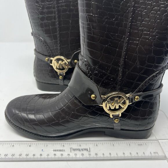 Michael Kors Rain Booties Dark Brown Croc Embossed Equestrian Rubber Rainboot S7 - Picture 14 of 14